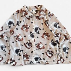 Vintage Bonnie Evans Tan AOP All Cats Cat Faces Paw Print Fleece Zippered Jacket